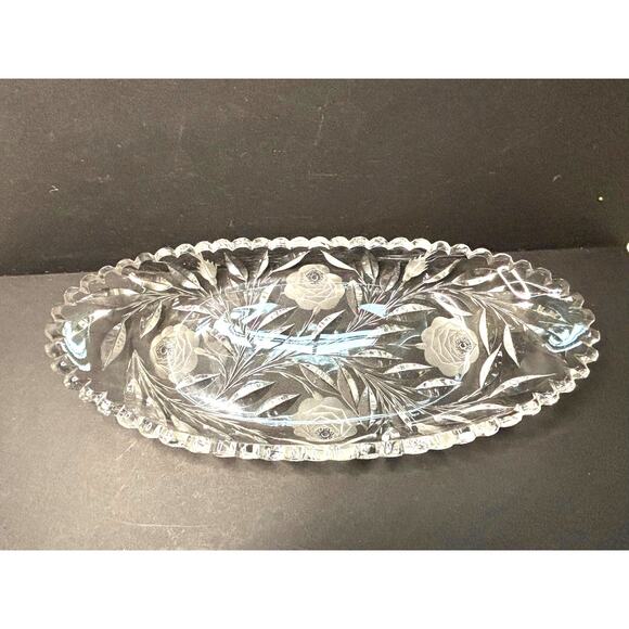 Cut Crystal Serving Dish 12.5x5.75" Rose Elegant Beautiful Vintage Serveware - Picture 1 of 6